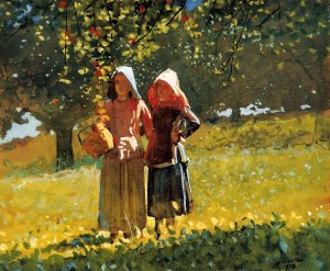 Apple Picking also known as Two Girls in Sunbonnets or in the Orchard by Winslow Homer Oil Painting Reproduction