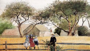 Children on a Fence by Oil Painting Reproduction