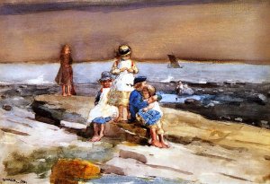 Children on the Beach by Oil Painting Reproduction