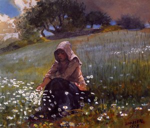 Girl and Daisies by Oil Painting Reproduction