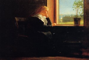 Looking Out to Sea also known as Female Figure in Black near a Window by Oil Painting Reproduction