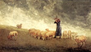 Shepherdess Tending Sheep by Oil Painting Reproduction