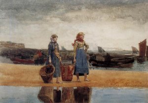 Two Girls at the Beach, Tynemouth by Oil Painting Reproduction